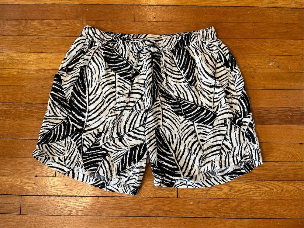 Cynthia Rowley Shorts Women 1X Black White 100% Linen Palm Leaf Print Drawstring